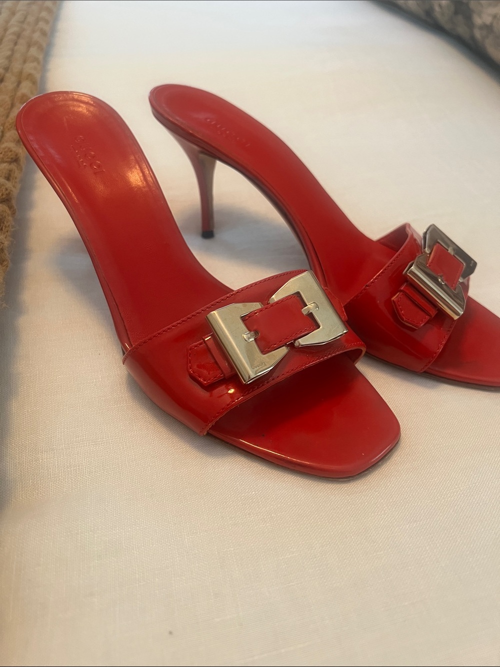 Gucci Red Patent Open-Toe Slide Heels with Silver Buckle